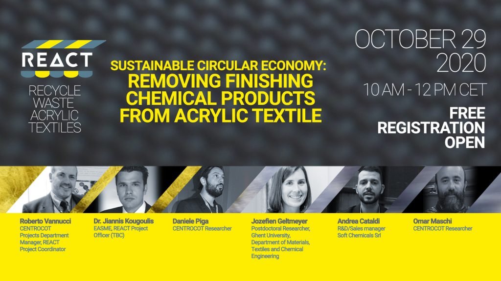 “Sustainable circular economy: Removing finishing chemical products from acrylic textile” - The first REACT Webinar